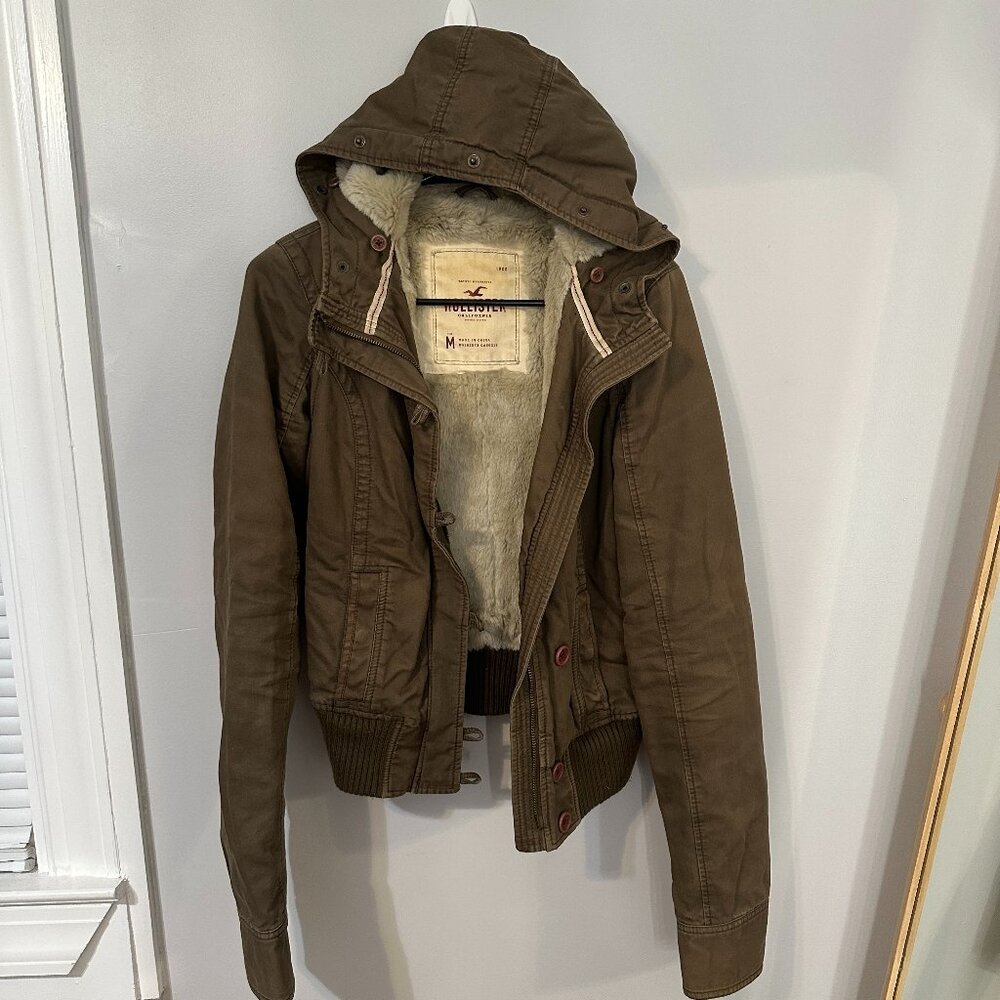 Vintage Hollister Faux Fur-Lined Jacket, Army Green | Size Small / Medium**